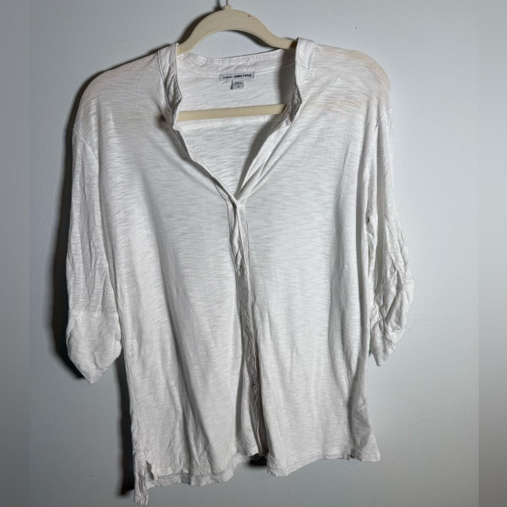 James Perse Slub Knit Button Henley Top White Minimalist‎ Coastal Capsule Size 2